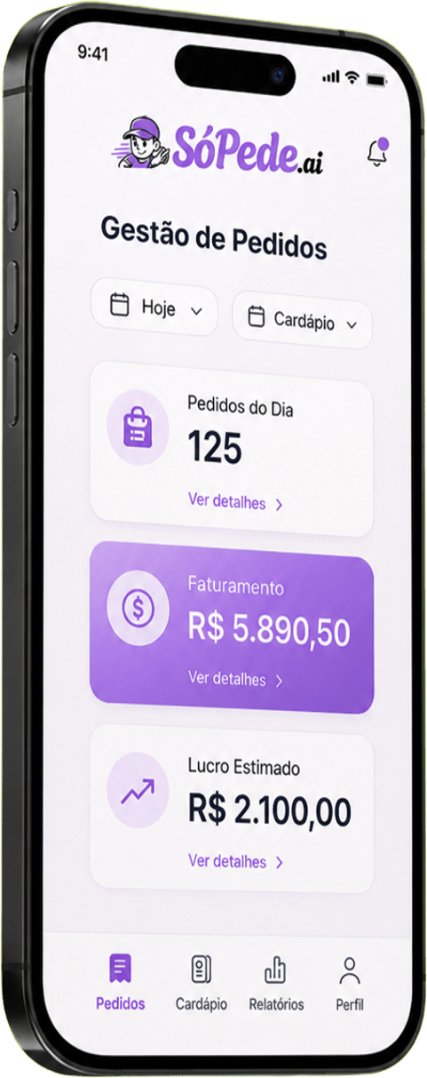 Aplicativo SóPede.ai — tela de Gestão de Pedidos