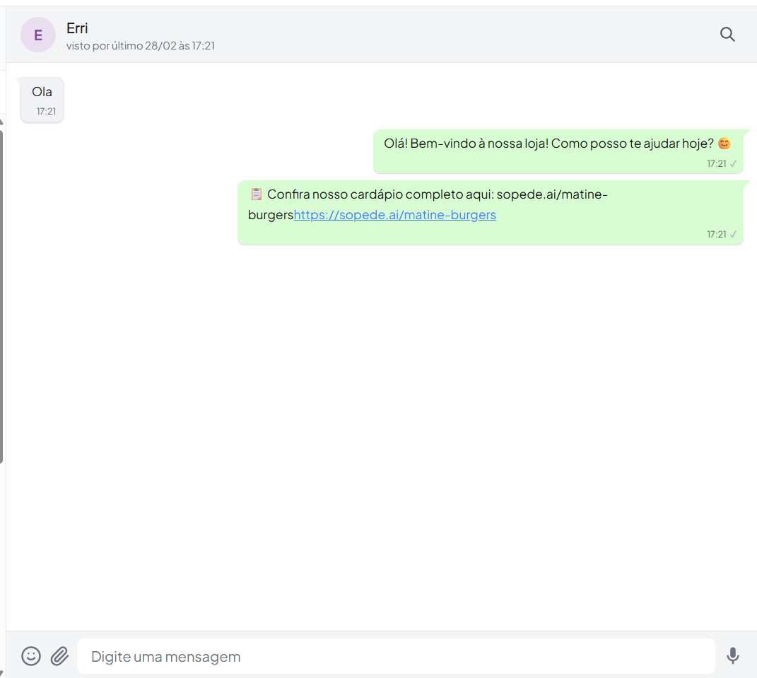 Conversa no WhatsApp com o robô da SóPede enviando o cardápio